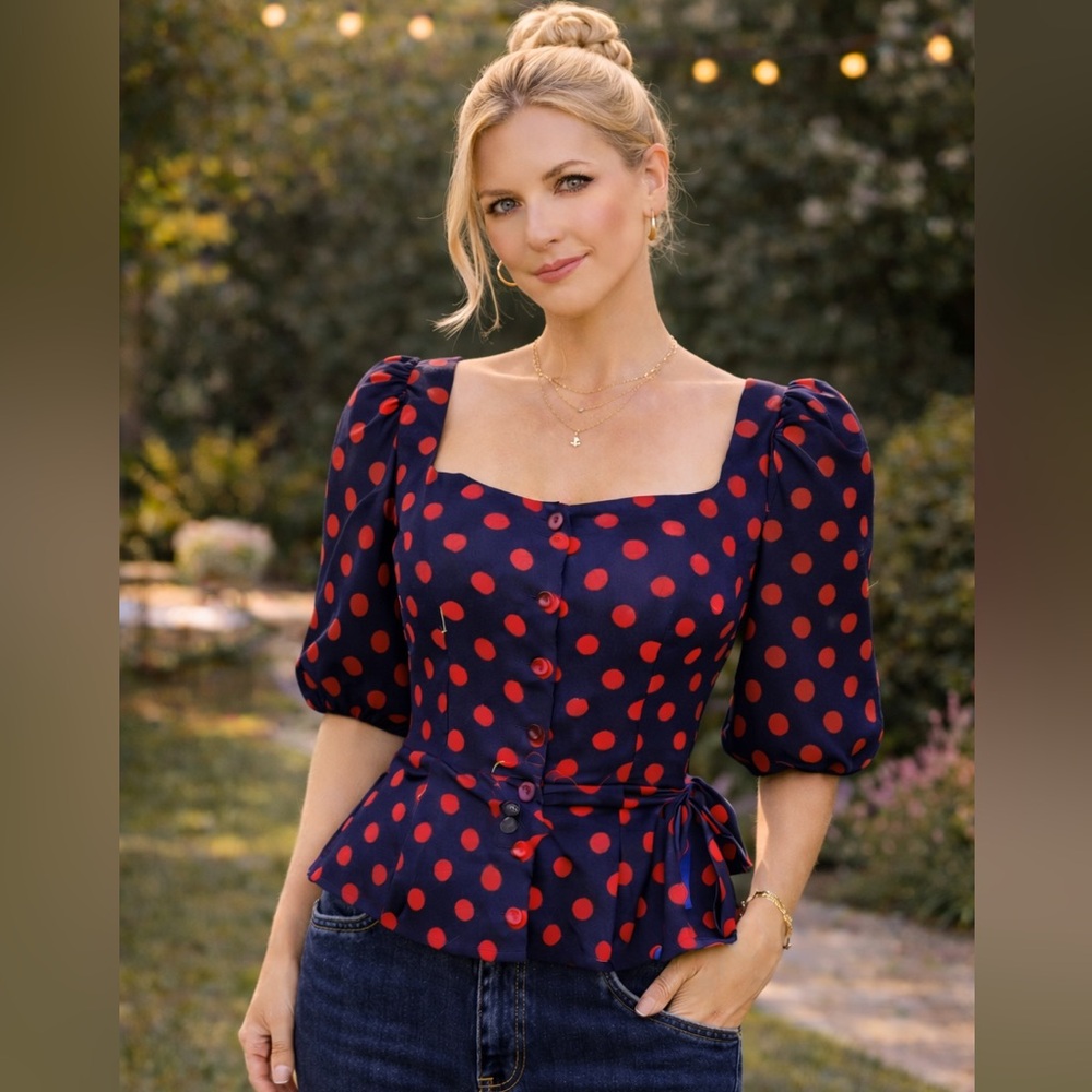 BETSEY JOHNSON - Size M/8 - Navy & Red Polka Dot Puff Sleeve Blouse